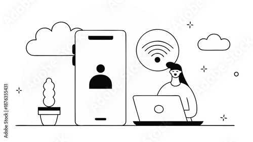 Minimal black and white artwork representing a woman using a laptop with a smartphone and a plant nearby symbolizing modern technology and connectivity