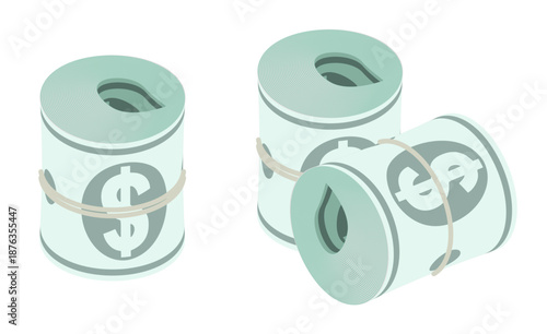 Isometric green dollar bills rolled into a tight bundle tied with a rubber band. Isolated cartoon vector on white background top view