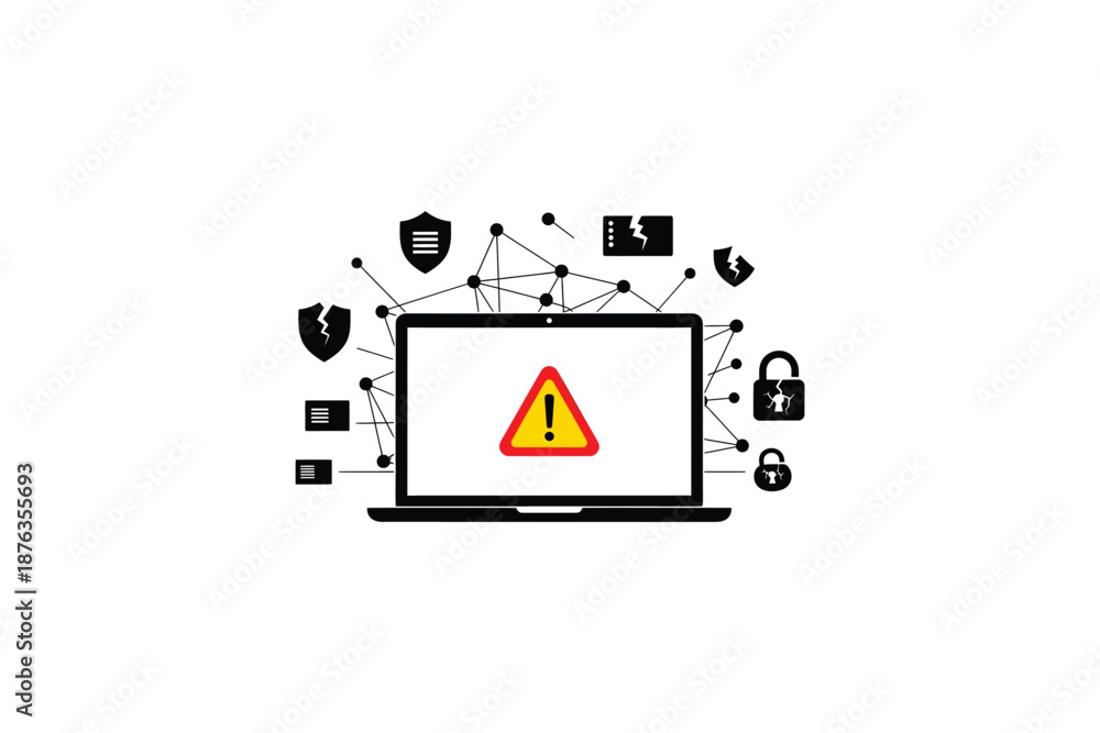 Fototapeta premium Laptop computer with warning sign on screen and various security icons around it online safety concept