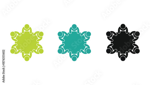 Three colorful team unity graphics on a white background