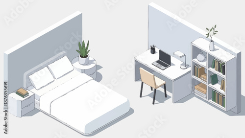 Modern minimalist bedroom with desk and bookshelf in isometric view.