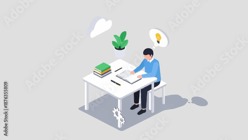 Man working at desk with books and papers in a minimalist 3D illustration.