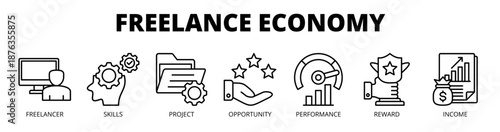 Freelance economy web banner icon vector illustration concept for independent work with icon of freelancer, skills, project, opportunity, performance, reward, and income.