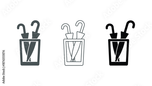 A set of three icons featuring umbrellas in a bucket