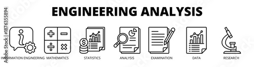 Engineering analysis web banner icon vector illustration concept for technical evaluation with icon of information engineering, mathematics, statistics, analysis, examination, data, and research.