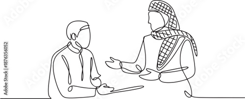 Single continuous line drawing of young muslim manager discussing business talk with partner colleagues. Arab middle east cloth shmagh, kandura, thawb, robe. one line Icon drawing
