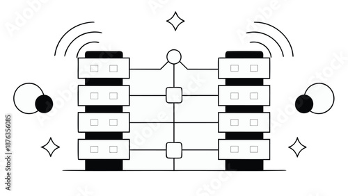 Minimal illustration of smart business systems with interconnected servers and network connections