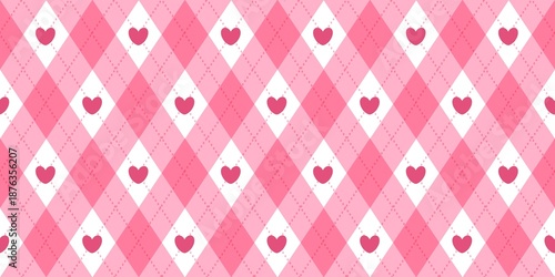 Pink argyle seamless pattern with hearts. Cute romantic geometric background for Valentine's Day, wrapping paper, textile, and wallpaper. Sweet girlish diamond plaid illustration.