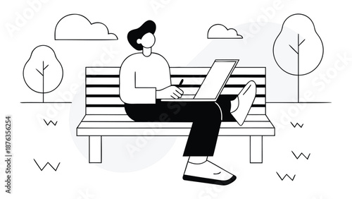 Digital nomad working remotely on laptop while sitting on park bench in minimalist illustration style