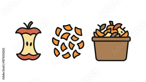 A cartoon illustration of an apple and its peels in a bucket