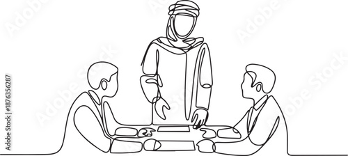 Single continuous line drawing of young muslim manager discussing business talk with partner colleagues. Arab middle east cloth shmagh, kandura, thawb, robe. one line Icon drawing