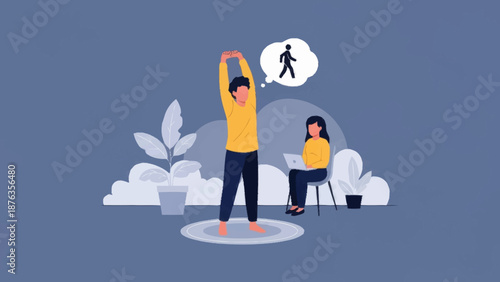 Illustration of a person stretching while another person works on a laptop.