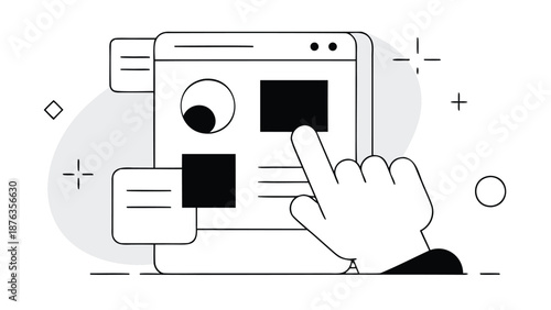 Focused app engagement concept with hand interacting on smartphone screen in minimalist line art style