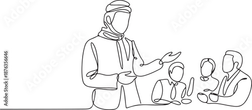 Single continuous line drawing of young muslim manager discussing business talk with partner colleagues. Arab middle east cloth shmagh, kandura, thawb, robe. one line Icon drawing
