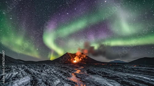watching eruptive lava glow under vibrant northern lights over volcanic terrain