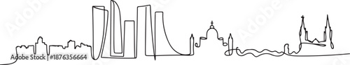 One continuous line drawing of Madrid city skyline, Spain. Beautiful skyscraper. World landscape tourism travel vacation wall decor poster concept. one line Icon drawing