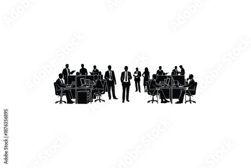 Silhouette of business people working at office desks in a collaborative workspace environment  teamwork concept