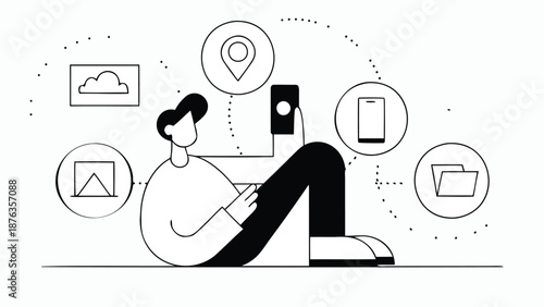 Person sitting with laptop and smartphone digital devices icons around minimalist vector illustration