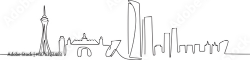 One continuous line drawing of Madrid city skyline, Spain. Beautiful skyscraper. World landscape tourism travel vacation wall decor poster concept. one line Icon drawing