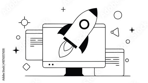 Modern flat illustration of a saas product launch with a rocket on a computer screen surrounded by geometric shapes and symbols