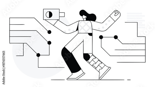 Modern flat illustration of human integrated with technology robotic limbs and circuits