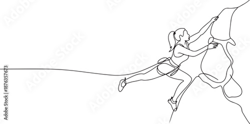 Single continuous line drawing of young muscular climber woman climbing hanging on mountain grip. Outdoor active lifestyle and rock climbing concept. one line Icon drawing