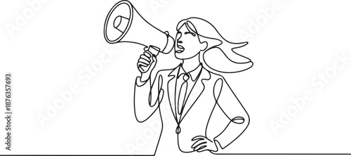 Single continuous line drawing of young angry businesswoman shouting loudly using megaphone to train her speak. Public speaking practice concept. one line Icon drawing