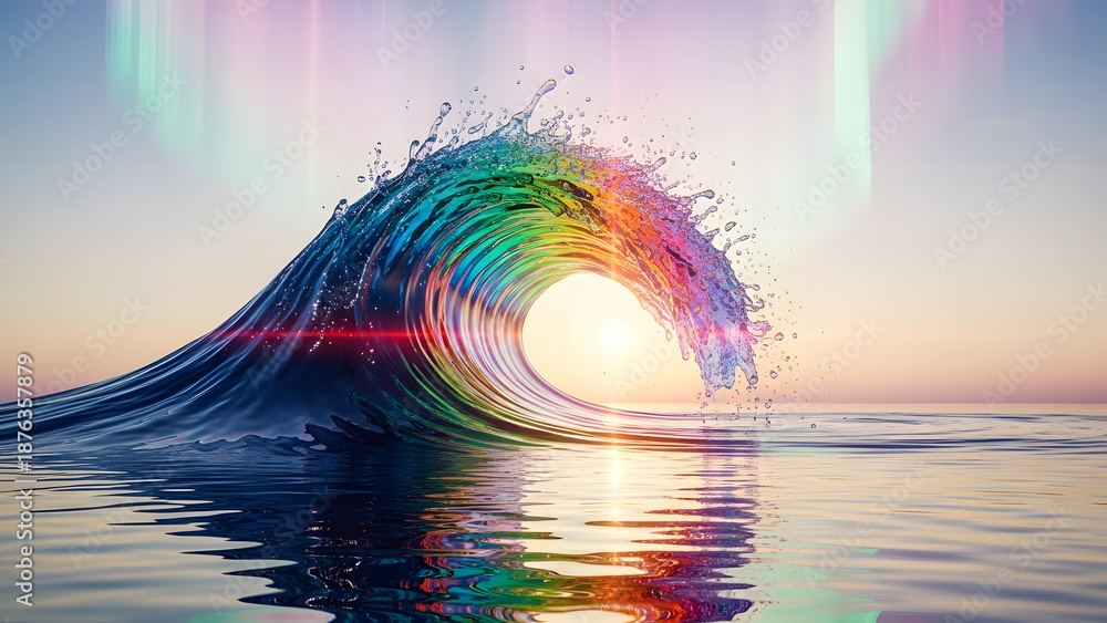 Obraz premium Vibrant Rainbow Wave Crashing at Sunset, Reflecting Colors on the Water's Surface