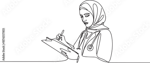 One single line drawing of young Arabian muslimah doctor wearing hijab writing medical report on clipboard at hospital. Medical health care concept. one line Icon drawing