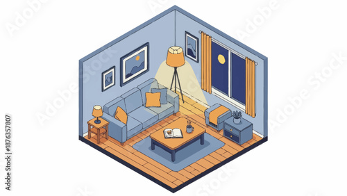 Isometric illustration of a modern living room interior with furniture and decor.