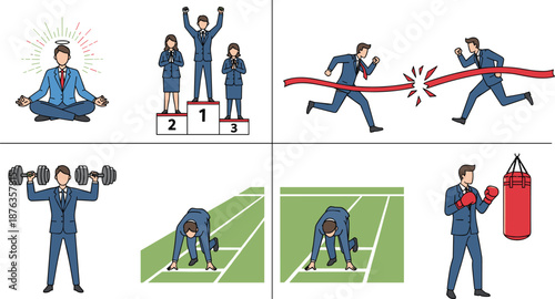 The image is a collage of eight separate illustrations, each depicting a businessman in various scenarios.