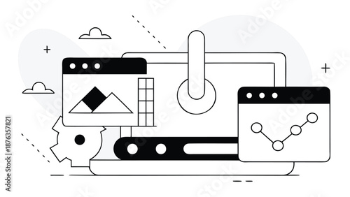 Modern flat illustration of cloud based workflow automation with interconnected devices and apps