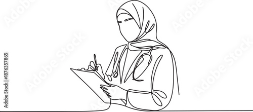 One single line drawing of young Arabian muslimah doctor wearing hijab writing medical report on clipboard at hospital. Medical health care concept. one line Icon drawing
