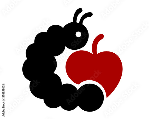 black silhouette of a caterpillar eating a red apple, vector illustration
