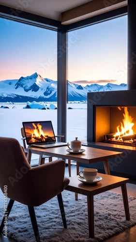 Cozy interior with fireplace, a scenic mountain view, a laptop and a cup of coffee, winter escape and relax concept