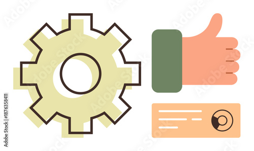 Business operations, identity verification, teamwork, approval system, process management, digital concept. Gear, thumbs up and ID card design. Business operations and identity verification concept