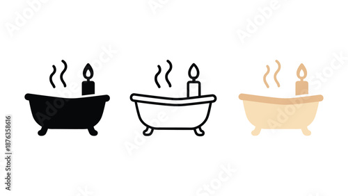 A set of three bathtub icons with candles in a minimalist style