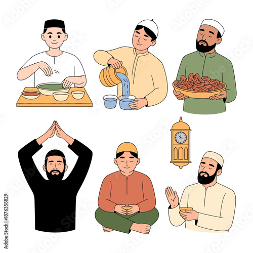 Islamic practices illustration: A set of illustrations showcasing various facets of Islamic practices, providing a glimpse into the diverse spiritual and communal traditions. 