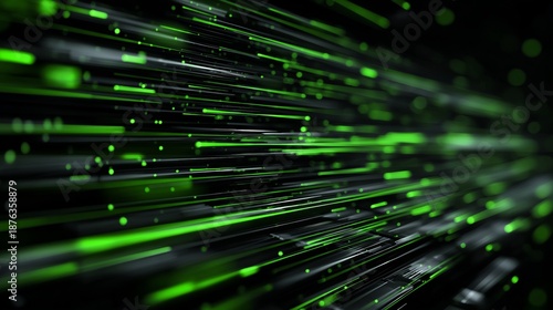 Visualization of green neon data flow on the left side of a dark background at high speed