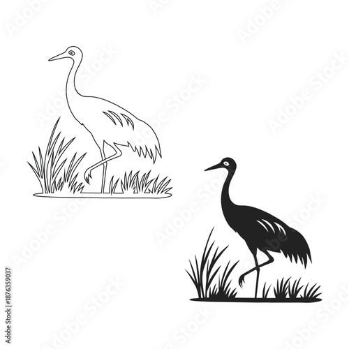 Minimalist Black and White Silhouette of a Sandhill Crane