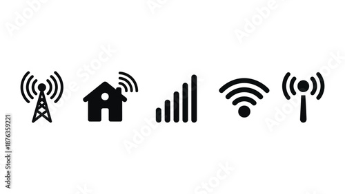 A set of black icons representing wireless internet and communication technology