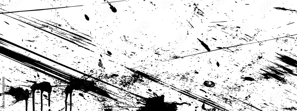 Obraz premium High contrast black and white grunge texture Vector distressed overlay with ink splatters, brush strokes, and scratch marks