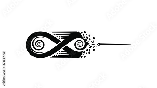 Abstract infinity symbol dissolving into digital particles with a sharp point, symbolizing endless data or motion.