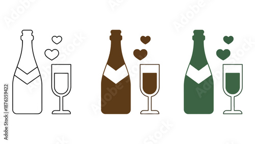 A set of champagne bottles and wine glasses with hearts on a white background