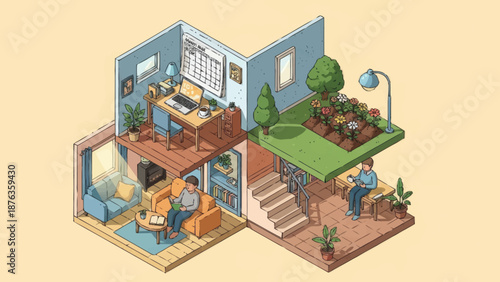 Isometric illustration of a modern home with garden and workspace.