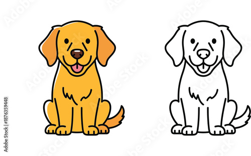Cute Golden Retriever Dog Cartoon Vector Illustration. Funny Sitting Puppy Character in Color and Outline Styles. Happy Pet Mascot and Coloring Page Isolated on White Background.