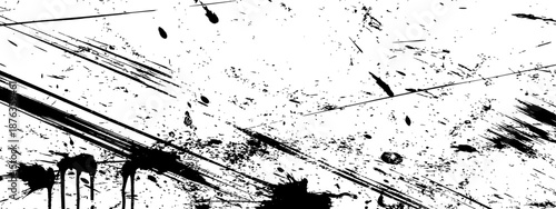 High contrast black and white grunge texture Vector distressed overlay with ink splatters, brush strokes, and scratch marks
