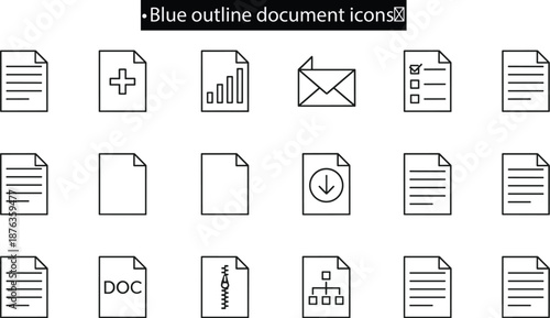 Blue outline document icons set featuring files, email, charts, downloads and office paperwork symbols for modern digital interfaces