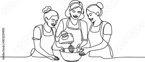 Single one line drawing happy family grandmother mother-in-law and daughter-in-law daughter knead cake dough using manual hand mixer. one line Icon drawing