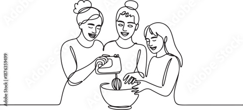 Single one line drawing happy family grandmother mother-in-law and daughter-in-law daughter knead cake dough using manual hand mixer. one line Icon drawing